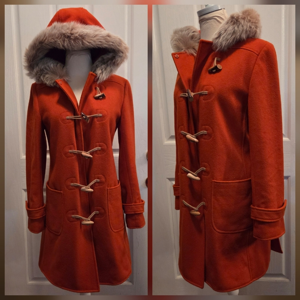 J. Crew Pea Coat Toggle Button Faux Fur Hood Hooded Wool Blend Fall Winter XS